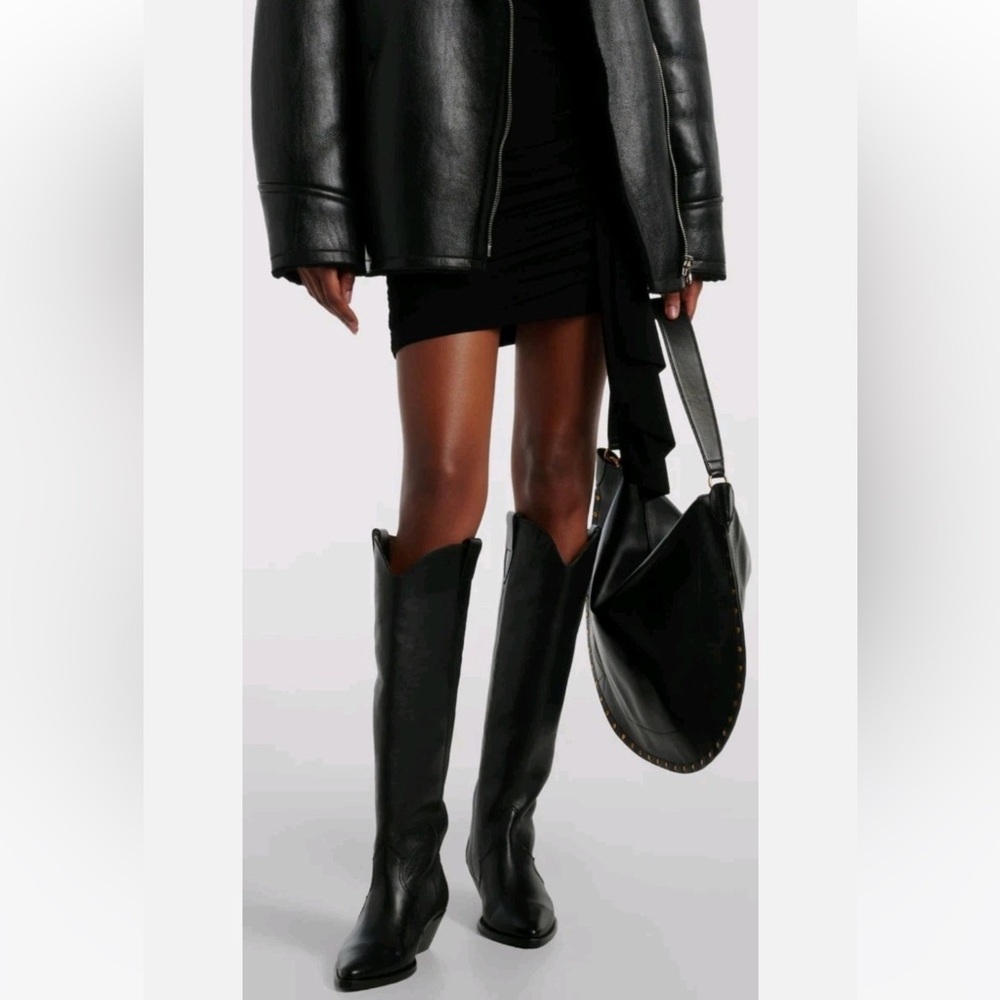 Isabel Marant Lomero Leather Knee Western Boots — Black